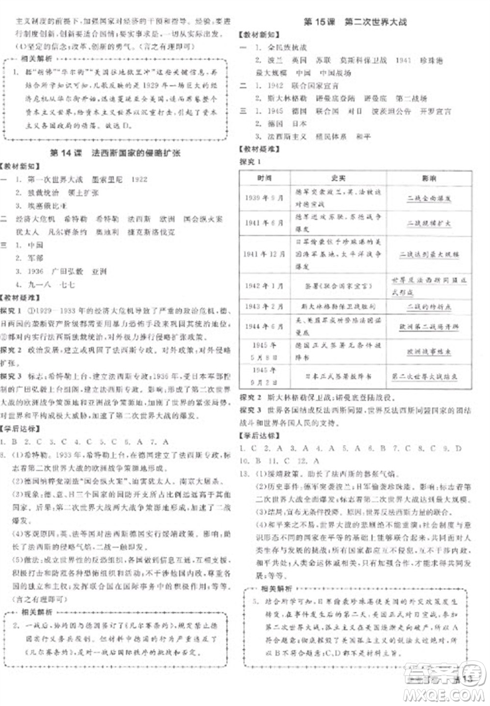 陽(yáng)光出版社2023全品學(xué)練考九年級(jí)下冊(cè)世界歷史人教版江西專版參考答案