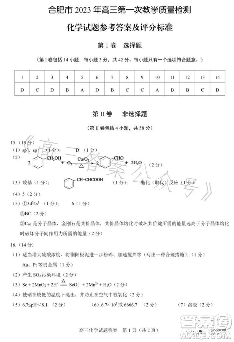 合肥市2023年高三第一次教學(xué)質(zhì)量檢測(cè)化學(xué)試卷答案