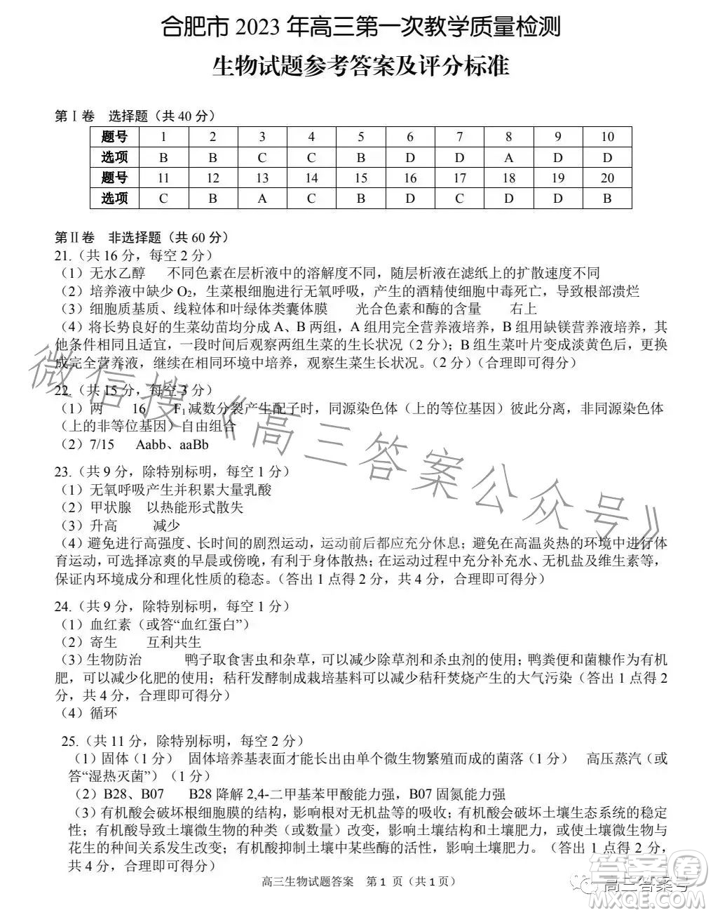 合肥市2023年高三第一次教學(xué)質(zhì)量檢測生物試卷答案
