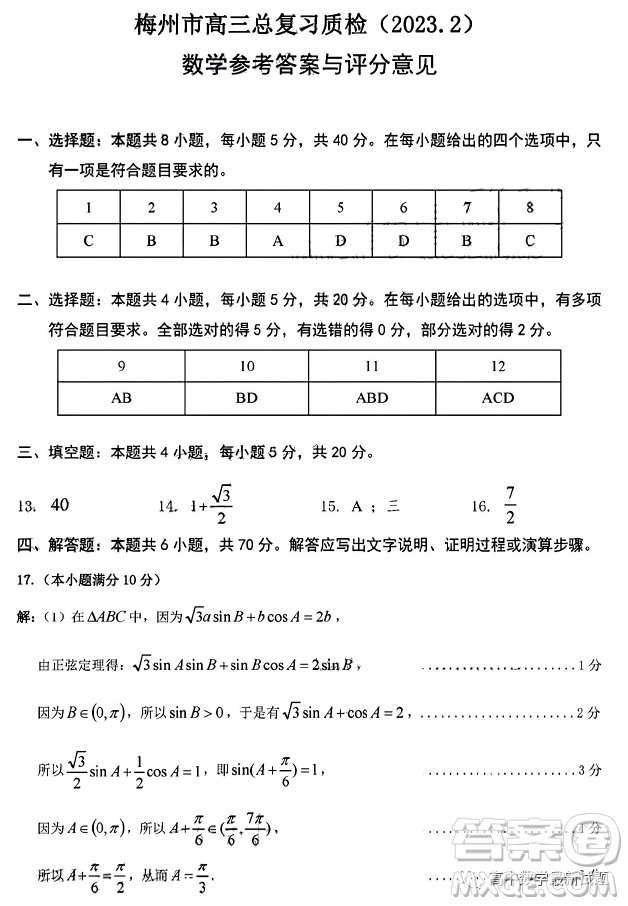 2023年2月梅州市高三總復習質檢試卷數(shù)學答案