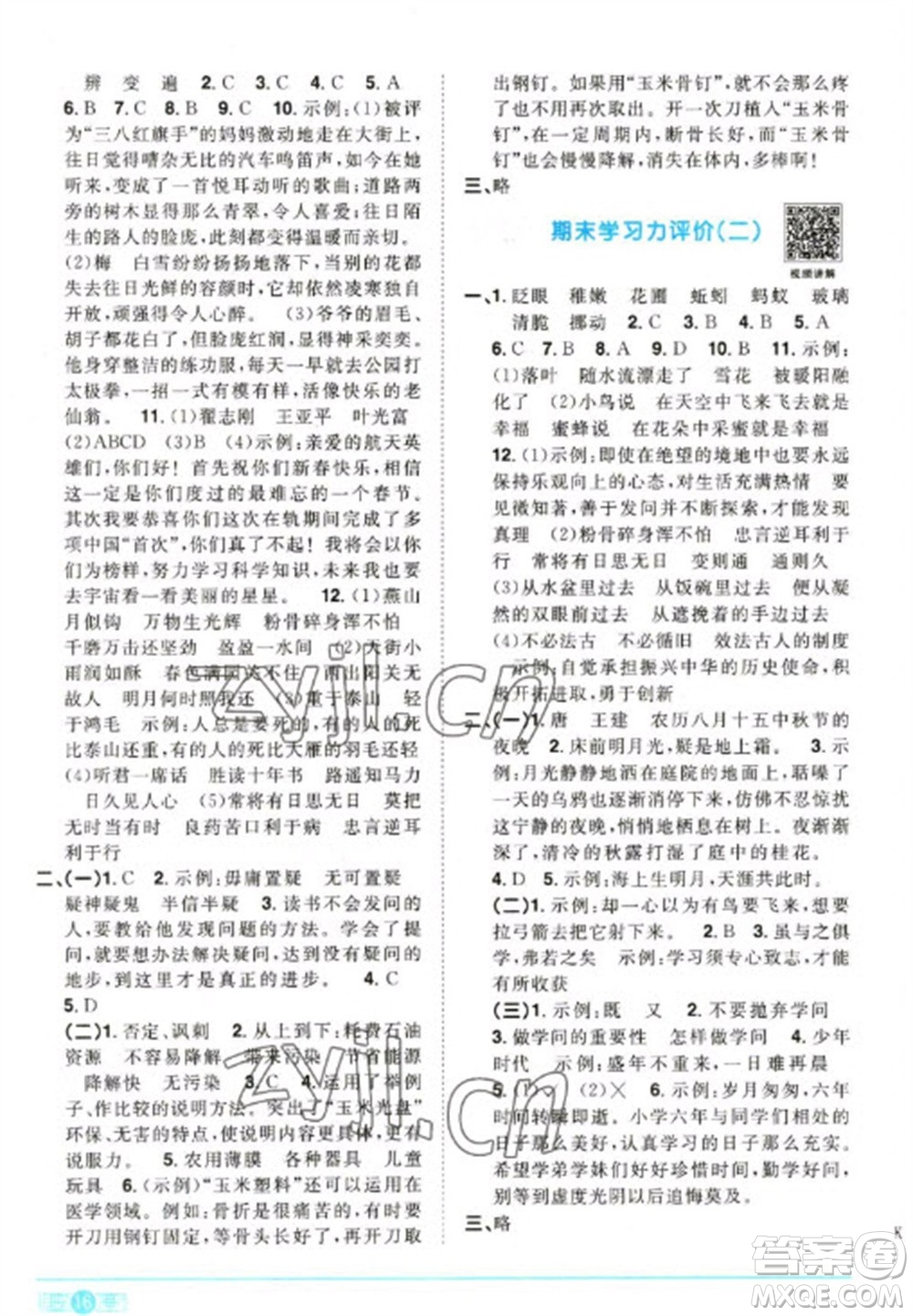江西教育出版社2023陽光同學課時優(yōu)化作業(yè)六年級語文下冊人教版參考答案