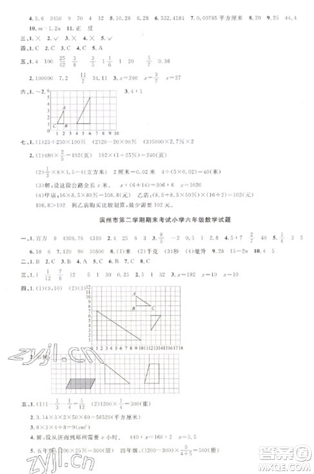 江西教育出版社2023陽光同學課時優(yōu)化作業(yè)六年級數學下冊青島版參考答案
