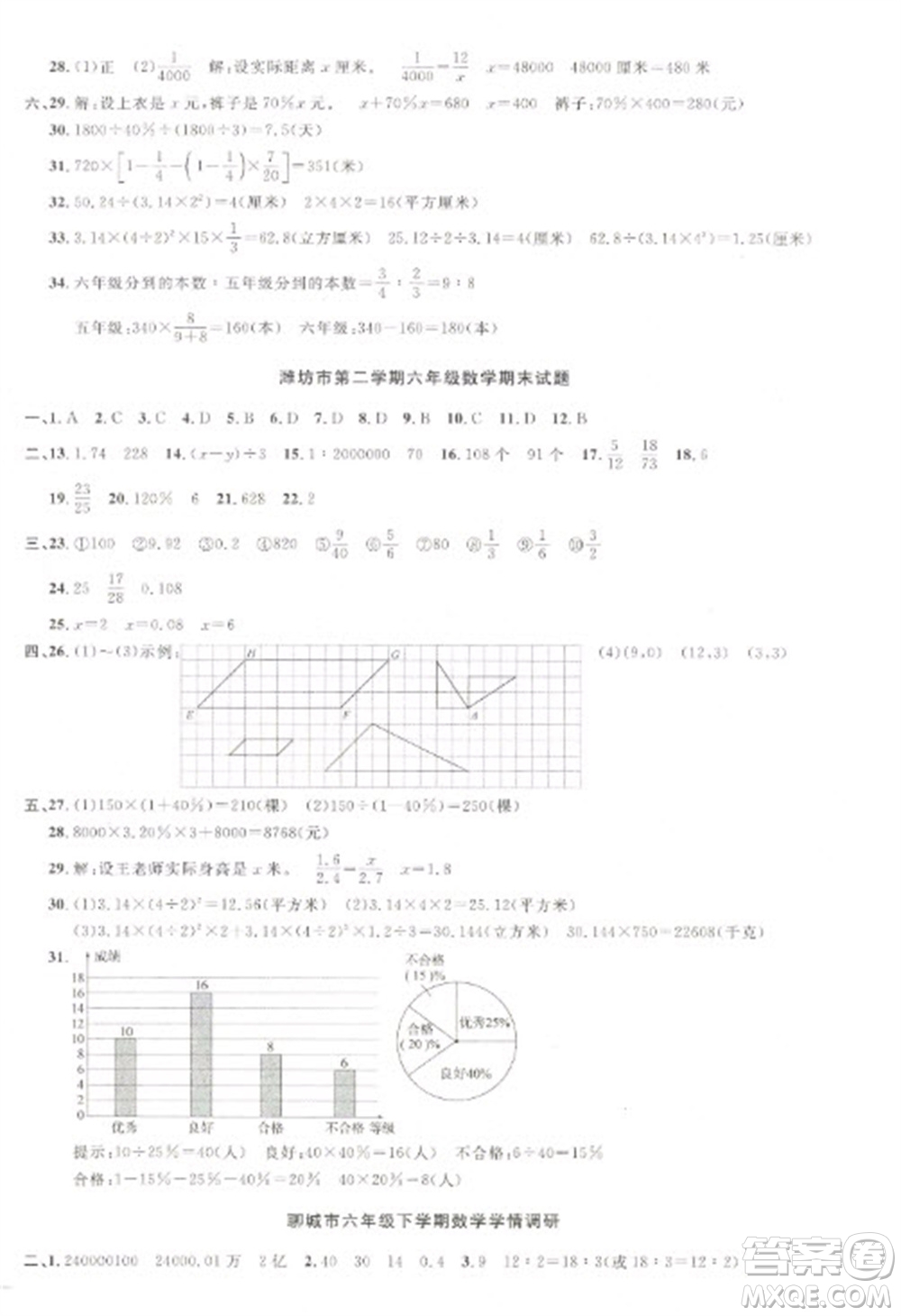 江西教育出版社2023陽光同學課時優(yōu)化作業(yè)六年級數學下冊青島版參考答案