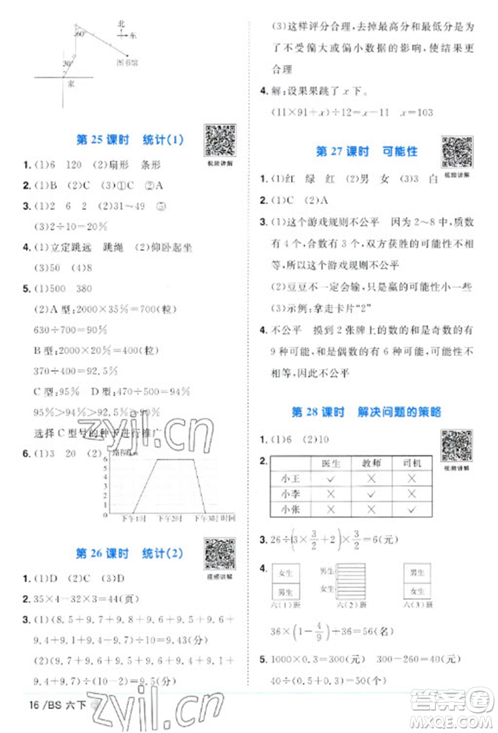 江西教育出版社2023陽(yáng)光同學(xué)課時(shí)優(yōu)化作業(yè)六年級(jí)數(shù)學(xué)下冊(cè)北師大版福建專版參考答案