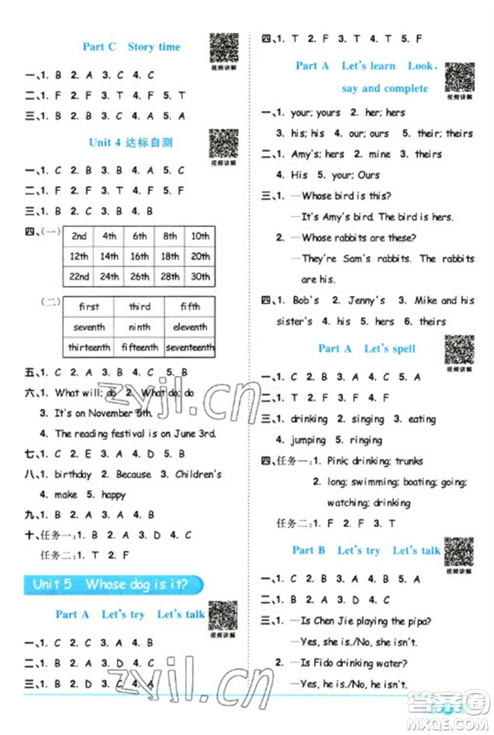 江西教育出版社2023陽光同學課時優(yōu)化作業(yè)五年級英語下冊人教版浙江專版參考答案