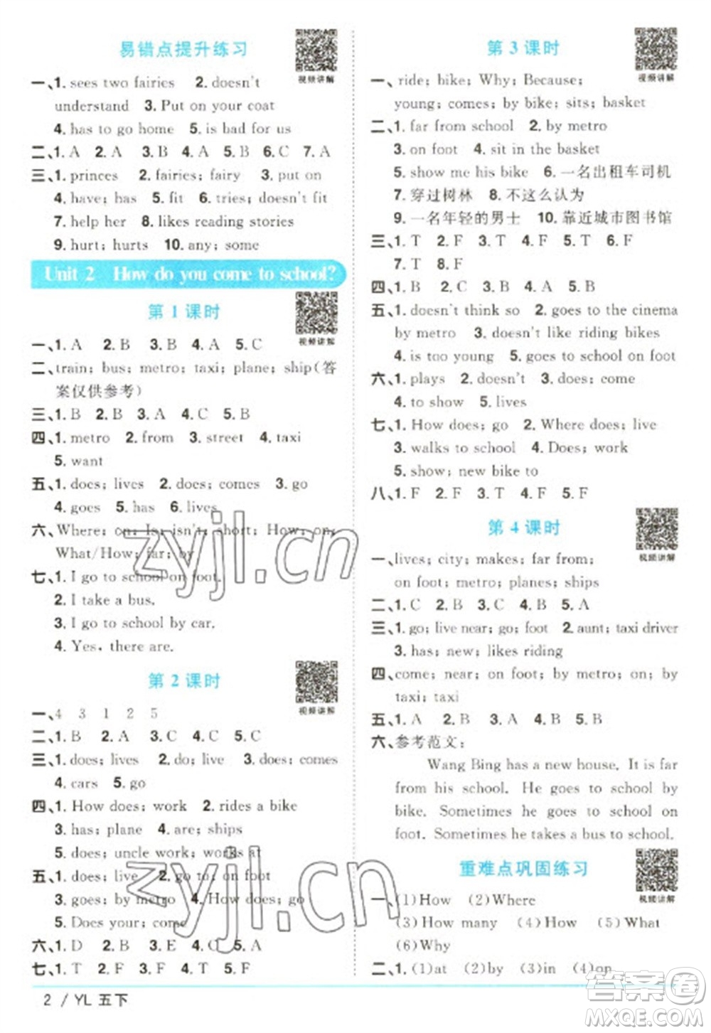 江西教育出版社2023陽(yáng)光同學(xué)課時(shí)優(yōu)化作業(yè)五年級(jí)英語(yǔ)下冊(cè)譯林版參考答案