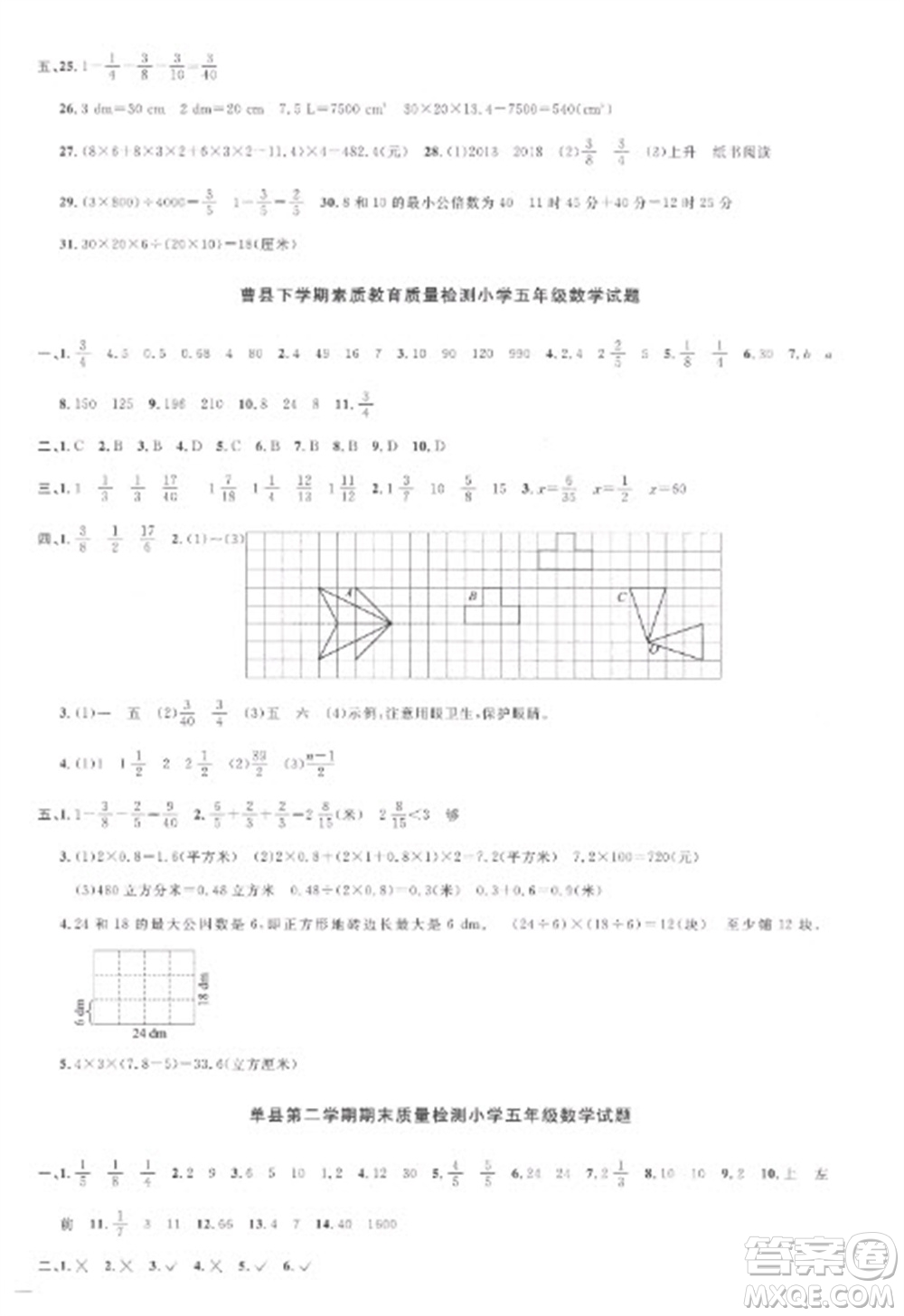 江西教育出版社2023陽光同學課時優(yōu)化作業(yè)五年級數(shù)學下冊人教版菏澤專版參考答案
