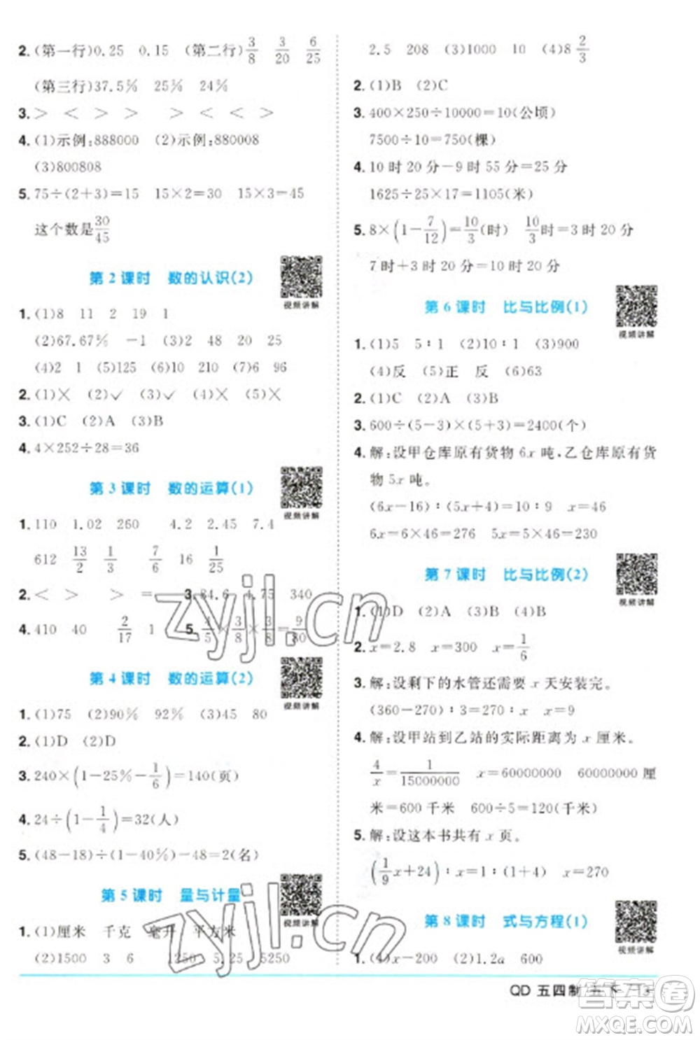 江西教育出版社2023陽光同學(xué)課時(shí)優(yōu)化作業(yè)五年級數(shù)學(xué)下冊青島版五四制參考答案