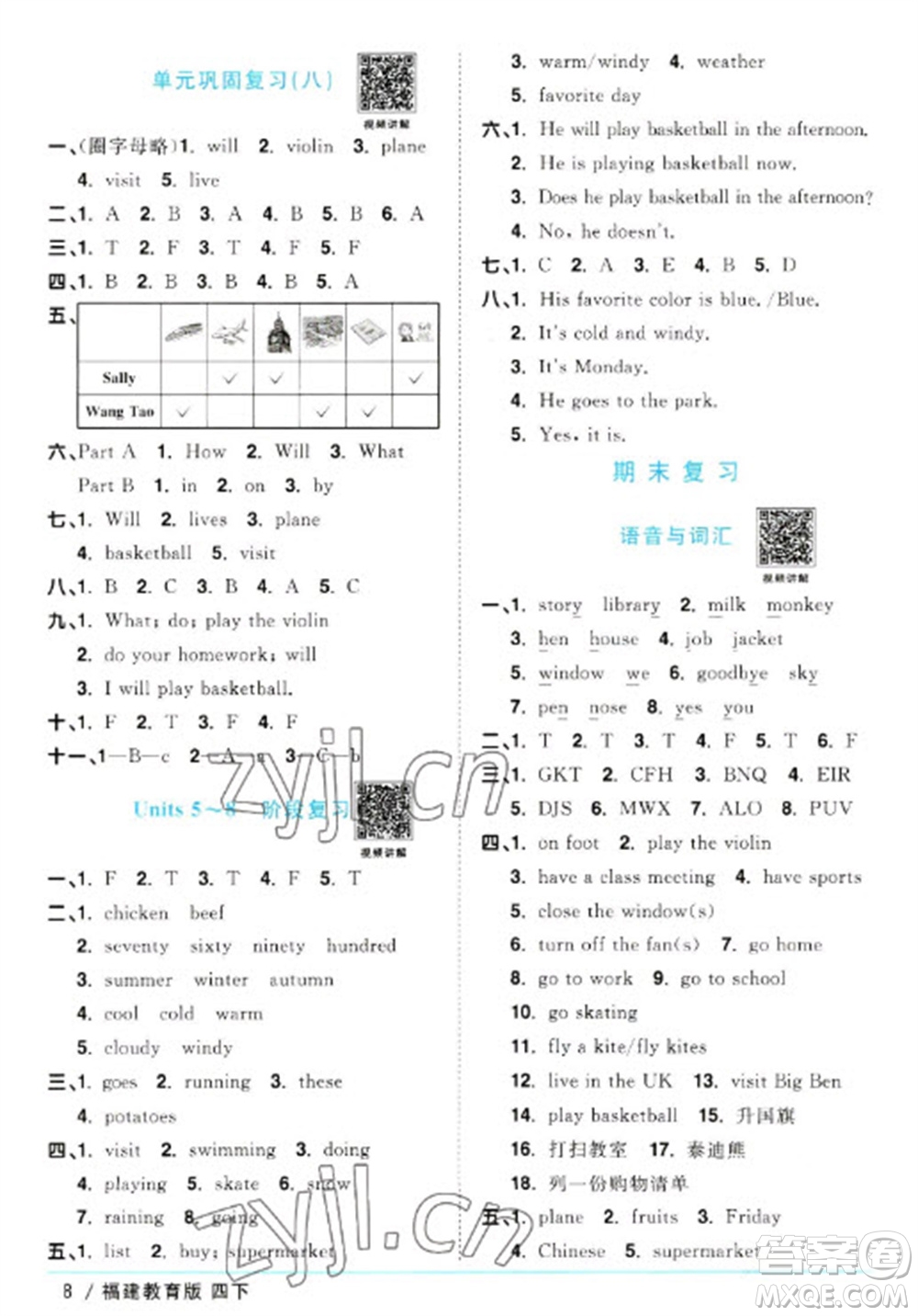 江西教育出版社2023陽光同學(xué)課時優(yōu)化作業(yè)四年級英語下冊閩教版福建專版參考答案