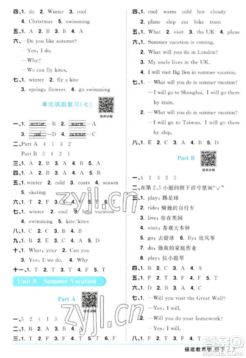 江西教育出版社2023陽光同學(xué)課時優(yōu)化作業(yè)四年級英語下冊閩教版福建專版參考答案