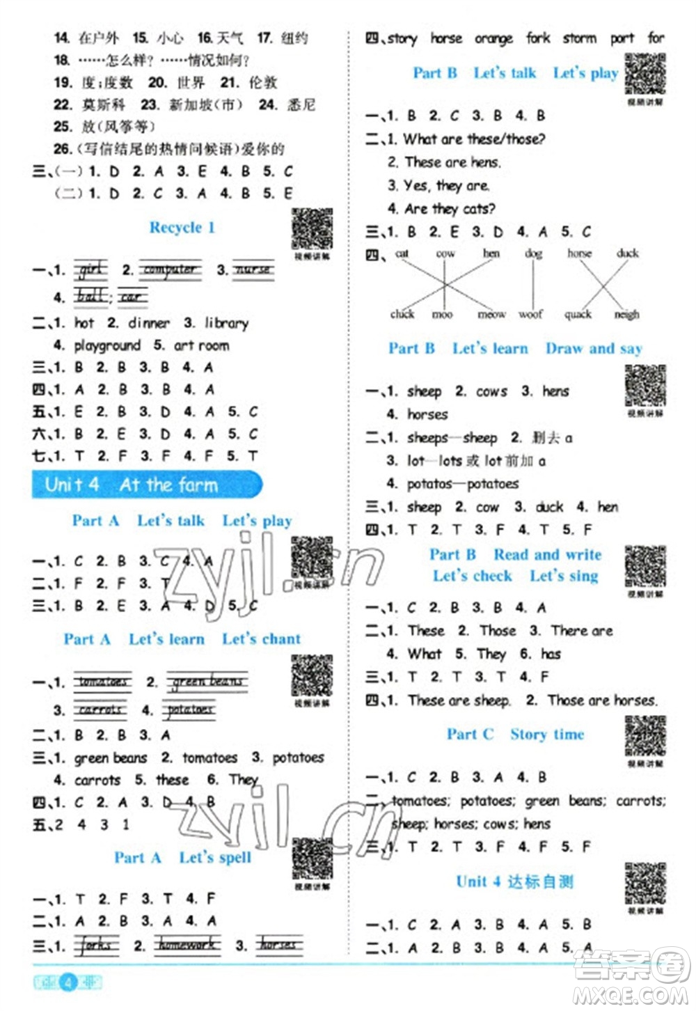 江西教育出版社2023陽(yáng)光同學(xué)課時(shí)優(yōu)化作業(yè)四年級(jí)英語(yǔ)下冊(cè)人教版浙江專版參考答案