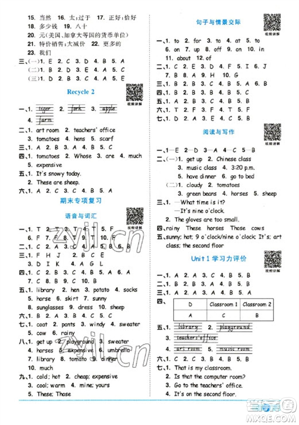 江西教育出版社2023陽(yáng)光同學(xué)課時(shí)優(yōu)化作業(yè)四年級(jí)英語(yǔ)下冊(cè)人教版浙江專版參考答案