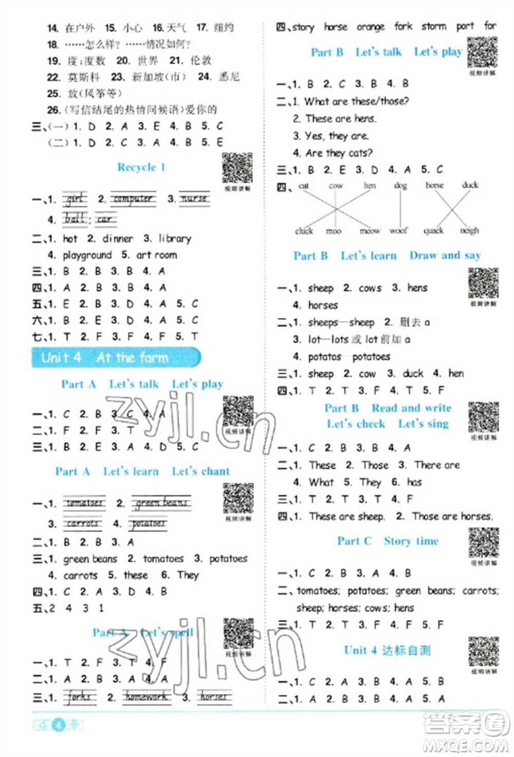 江西教育出版社2023陽光同學(xué)課時優(yōu)化作業(yè)四年級英語下冊人教PEP版參考答案