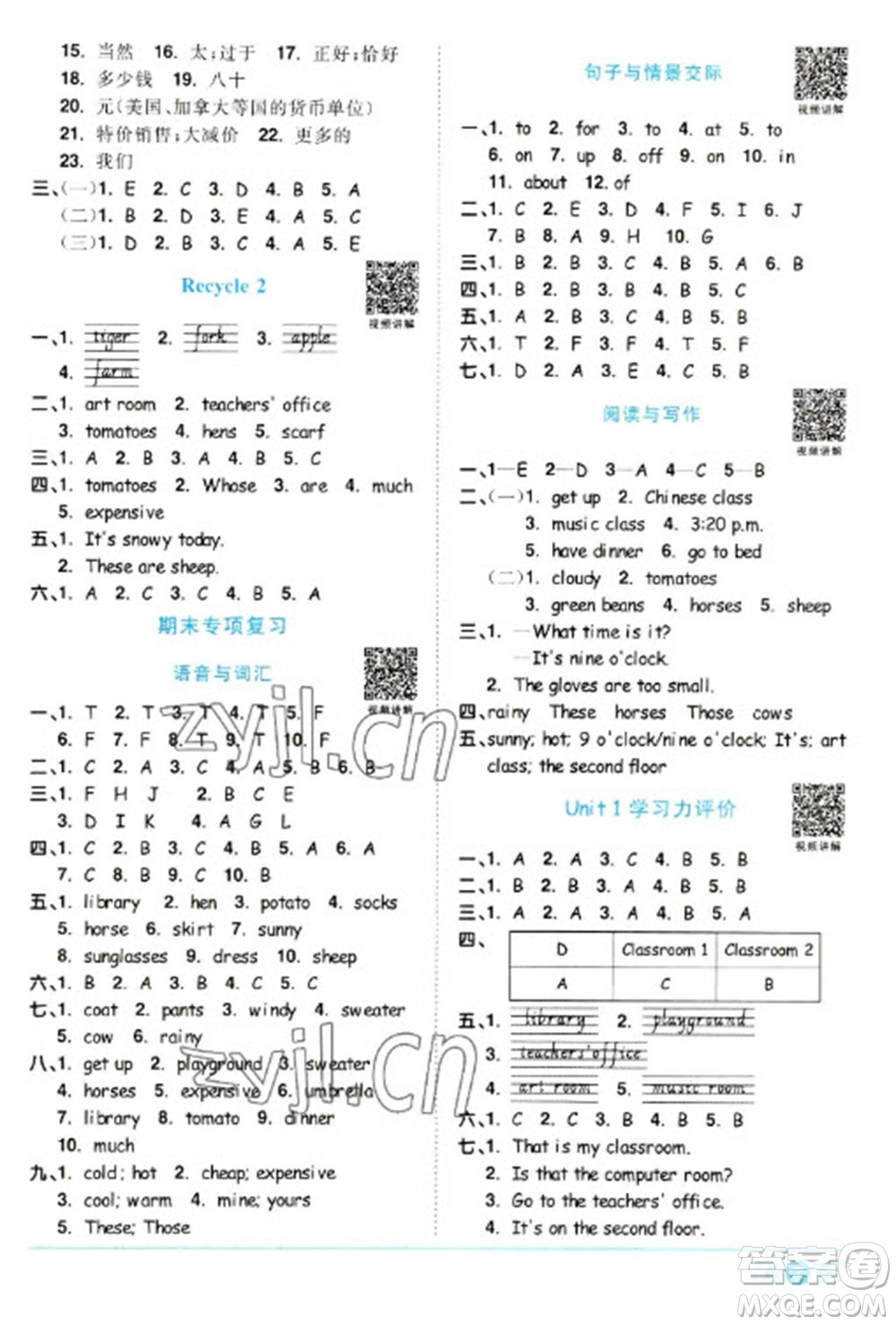 江西教育出版社2023陽光同學(xué)課時優(yōu)化作業(yè)四年級英語下冊人教PEP版參考答案