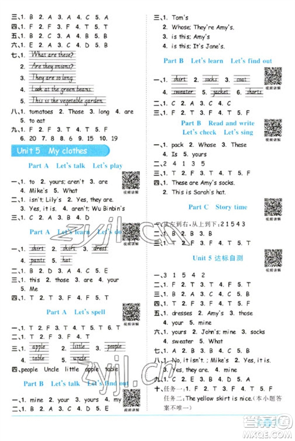 江西教育出版社2023陽光同學(xué)課時優(yōu)化作業(yè)四年級英語下冊人教PEP版參考答案