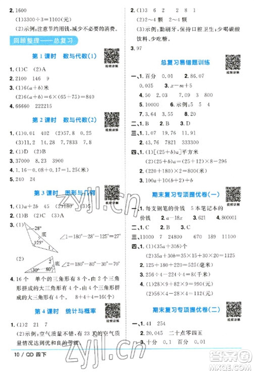 江西教育出版社2023陽光同學(xué)課時優(yōu)化作業(yè)四年級數(shù)學(xué)下冊青島版參考答案