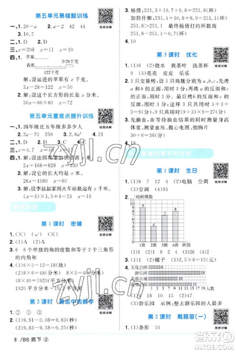 江西教育出版社2023陽光同學(xué)課時(shí)優(yōu)化作業(yè)四年級(jí)數(shù)學(xué)下冊(cè)北師大版福建專版參考答案