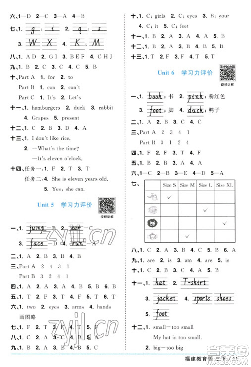 江西教育出版社2023陽光同學課時優(yōu)化作業(yè)三年級英語下冊閩教版福建專版參考答案