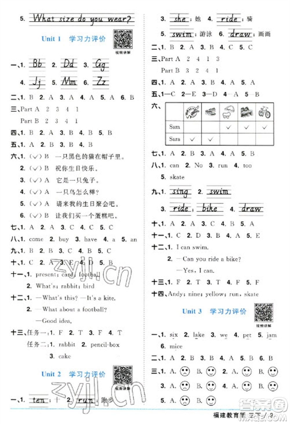 江西教育出版社2023陽光同學課時優(yōu)化作業(yè)三年級英語下冊閩教版福建專版參考答案