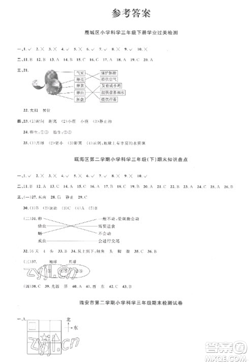 江西教育出版社2023陽(yáng)光同學(xué)課時(shí)優(yōu)化作業(yè)三年級(jí)科學(xué)下冊(cè)教科版參考答案