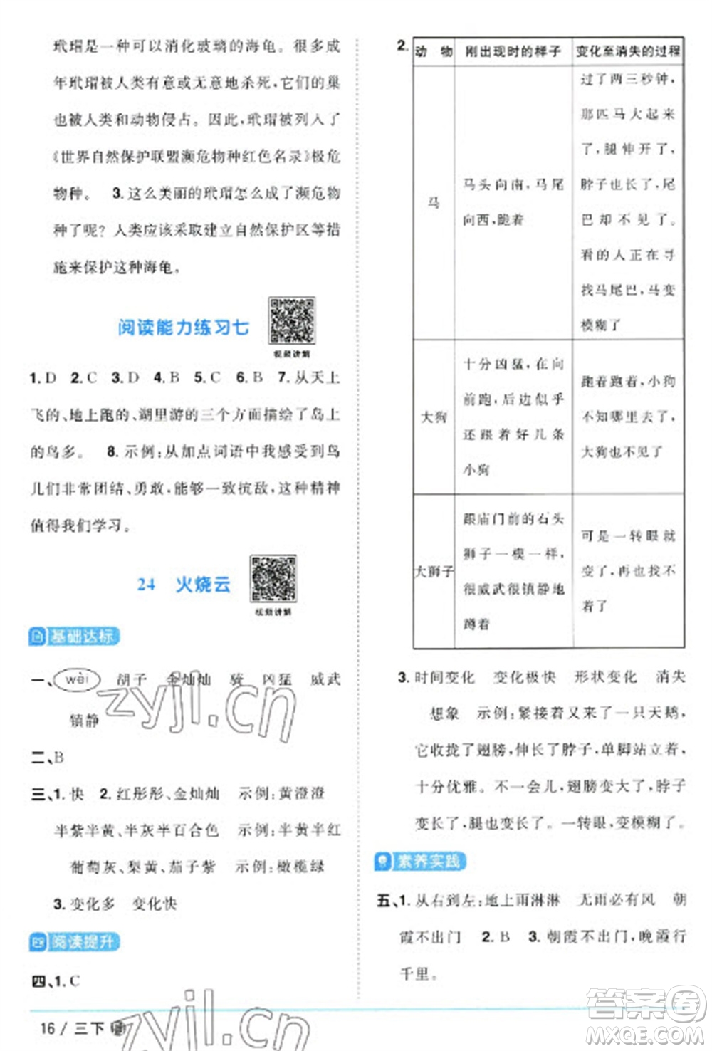 福建少年兒童出版社2023陽光同學(xué)課時優(yōu)化作業(yè)三年級語文下冊人教版福建專版參考答案