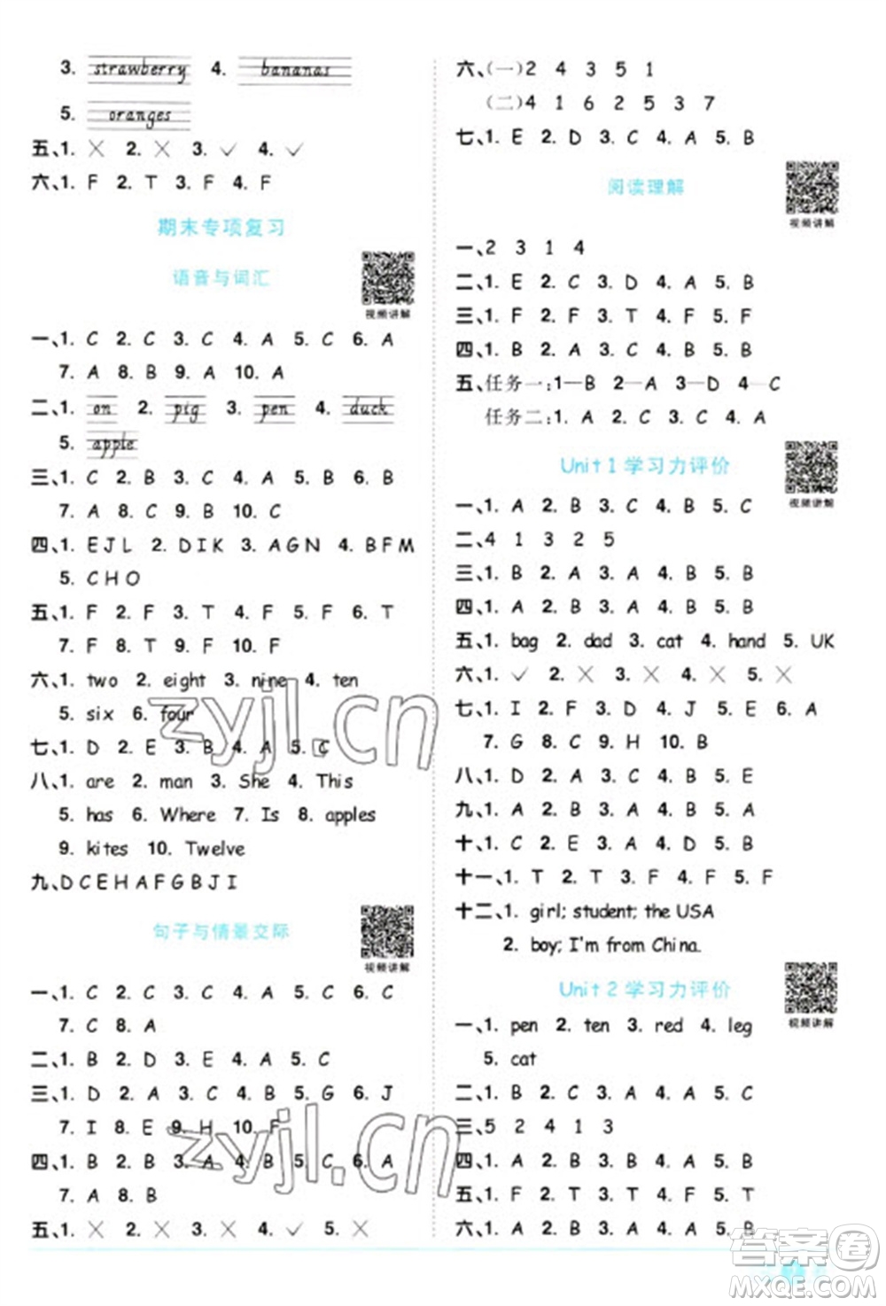 江西教育出版社2023陽光同學(xué)課時(shí)優(yōu)化作業(yè)三年級(jí)英語下冊(cè)人教PEP版參考答案