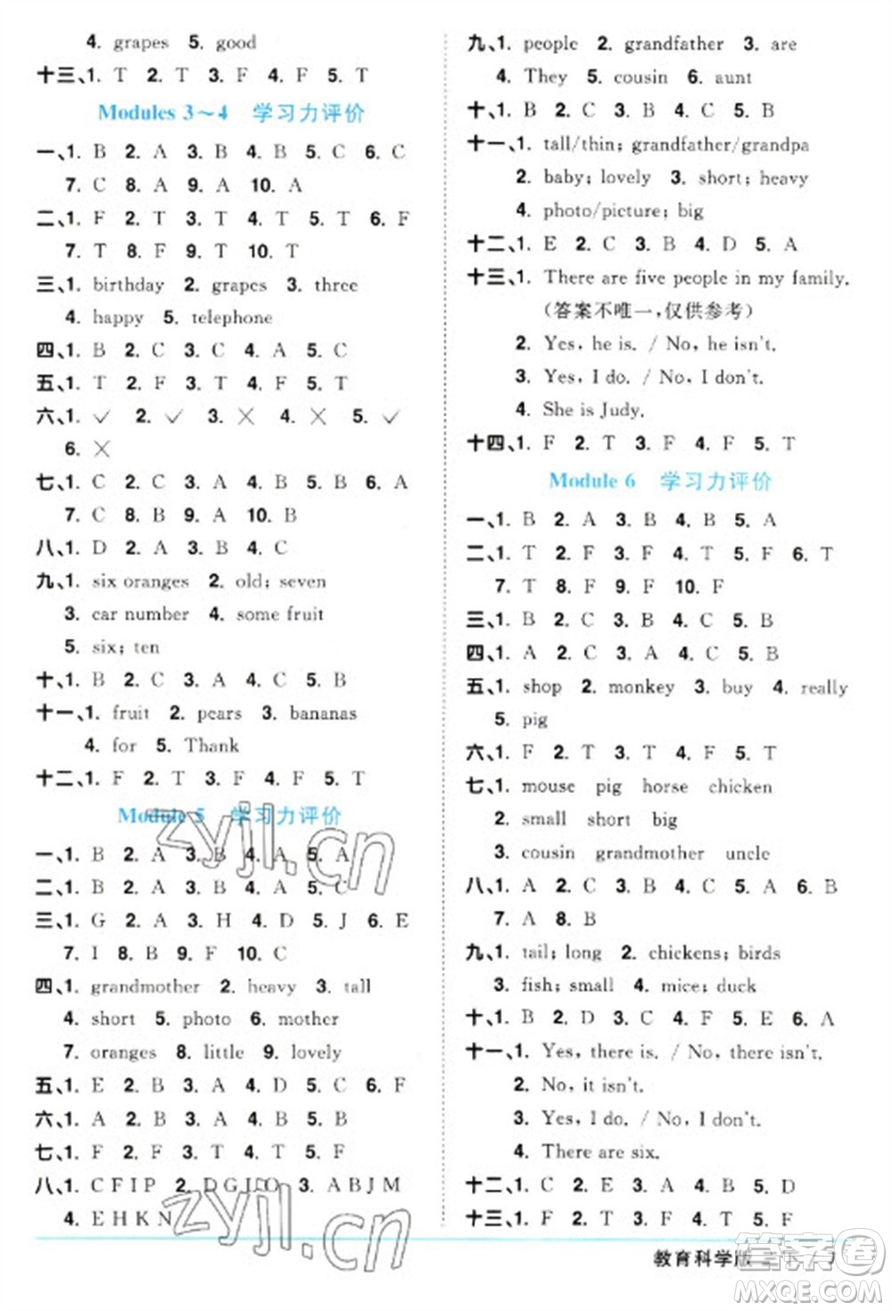 江西教育出版社2023陽光同學(xué)課時(shí)優(yōu)化作業(yè)三年級英語下冊教育科學(xué)版參考答案