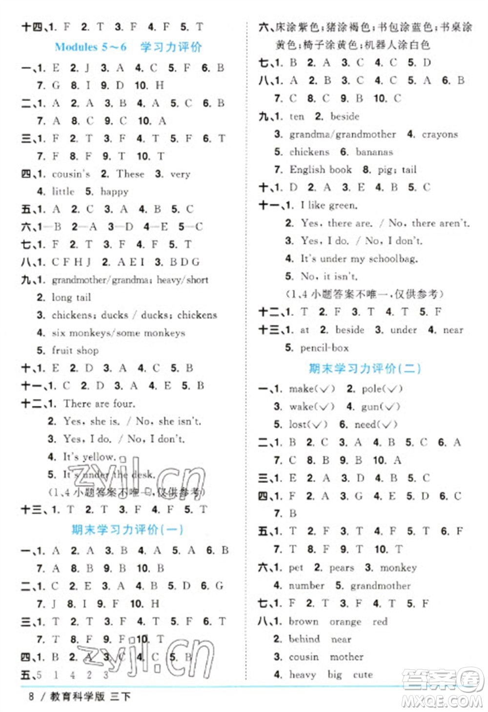 江西教育出版社2023陽光同學(xué)課時(shí)優(yōu)化作業(yè)三年級英語下冊教育科學(xué)版參考答案