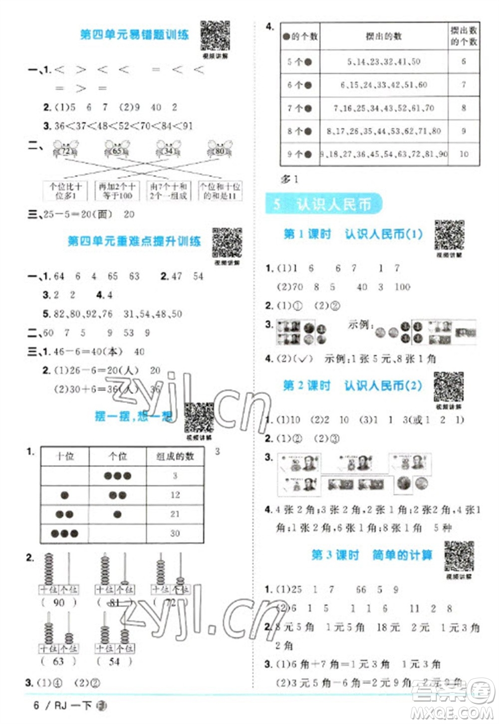 福建少年兒童出版社2023陽光同學(xué)課時(shí)優(yōu)化作業(yè)一年級(jí)數(shù)學(xué)下冊(cè)人教版福建專版參考答案
