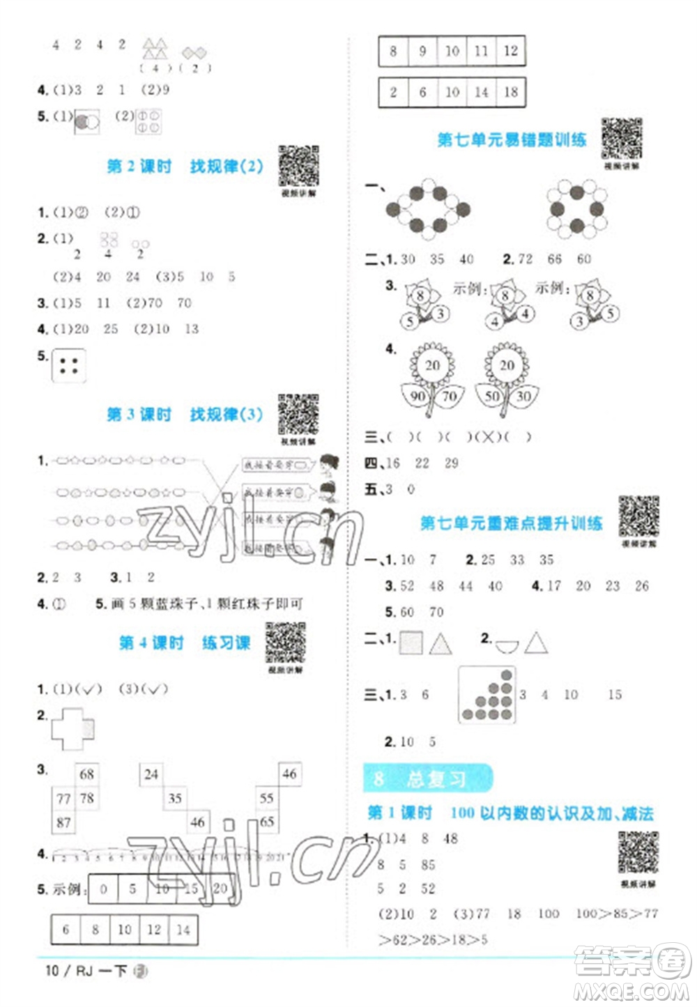 福建少年兒童出版社2023陽光同學(xué)課時(shí)優(yōu)化作業(yè)一年級(jí)數(shù)學(xué)下冊(cè)人教版福建專版參考答案