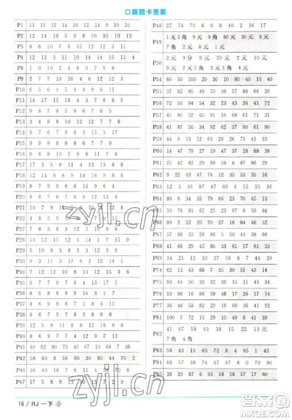 福建少年兒童出版社2023陽光同學(xué)課時(shí)優(yōu)化作業(yè)一年級(jí)數(shù)學(xué)下冊(cè)人教版福建專版參考答案