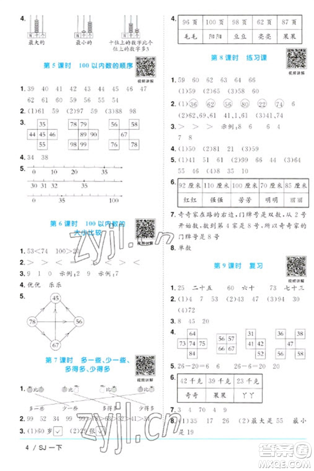 江西教育出版社2023陽光同學課時優(yōu)化作業(yè)一年級數(shù)學下冊蘇教版參考答案
