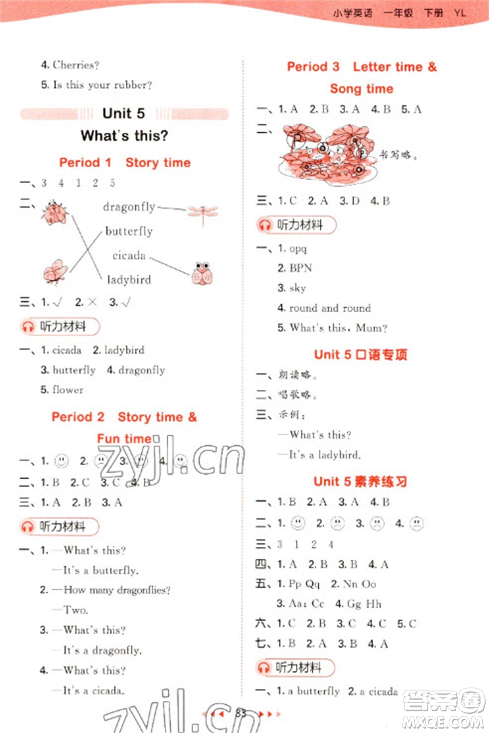 地質(zhì)出版社2023春季53天天練一年級(jí)英語(yǔ)下冊(cè)譯林版參考答案