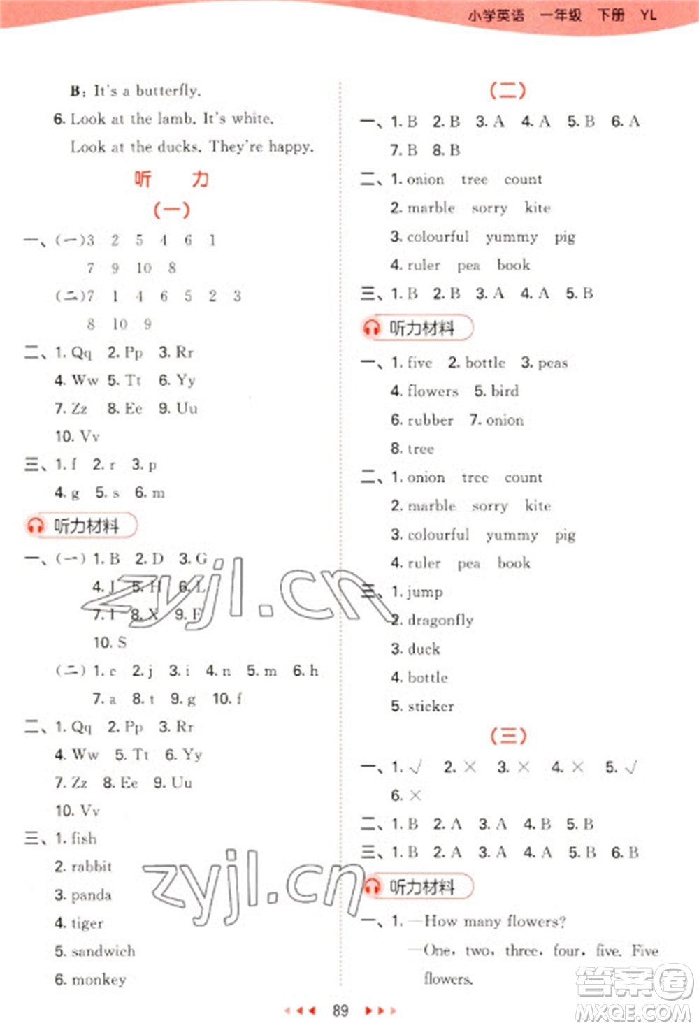 地質(zhì)出版社2023春季53天天練一年級(jí)英語(yǔ)下冊(cè)譯林版參考答案