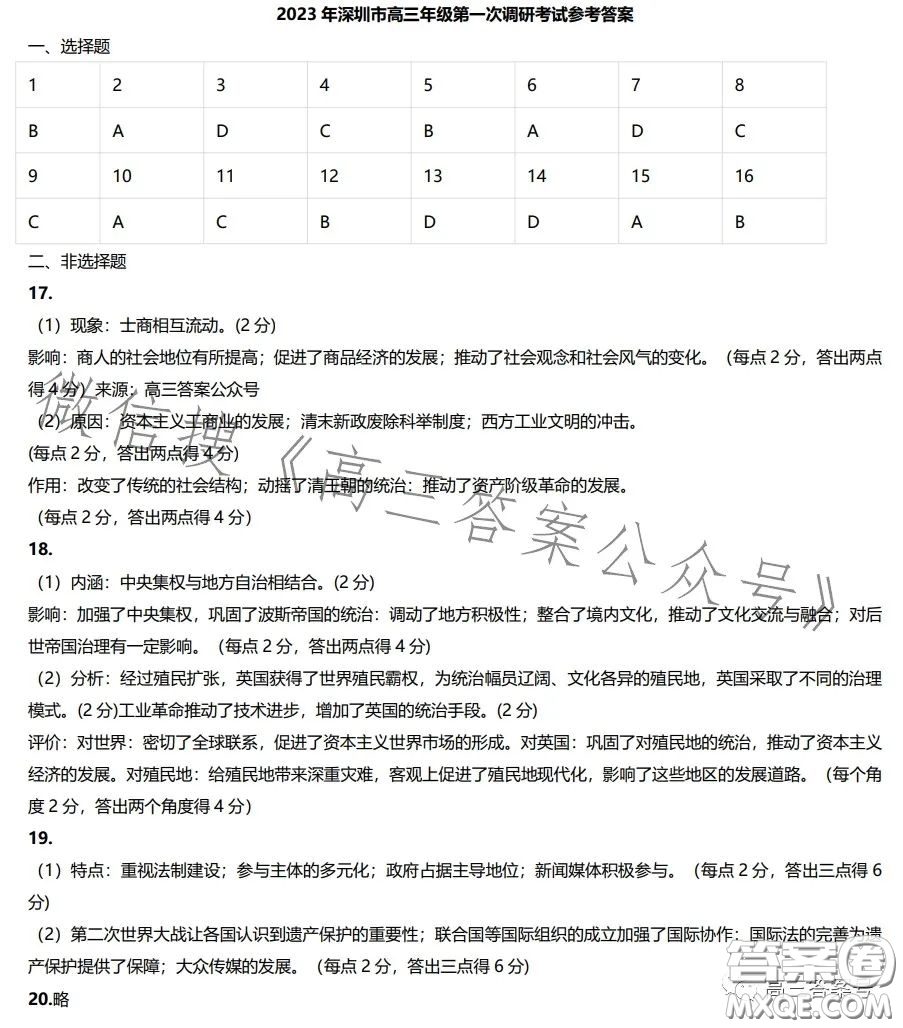 2023年深圳市高三年級(jí)第一次調(diào)研考試歷史試卷答案