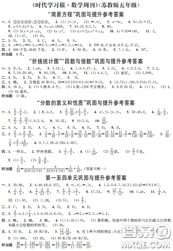 時代學習報數學周刊2022-2023學年度五年級下冊蘇教版配套試卷參考答案