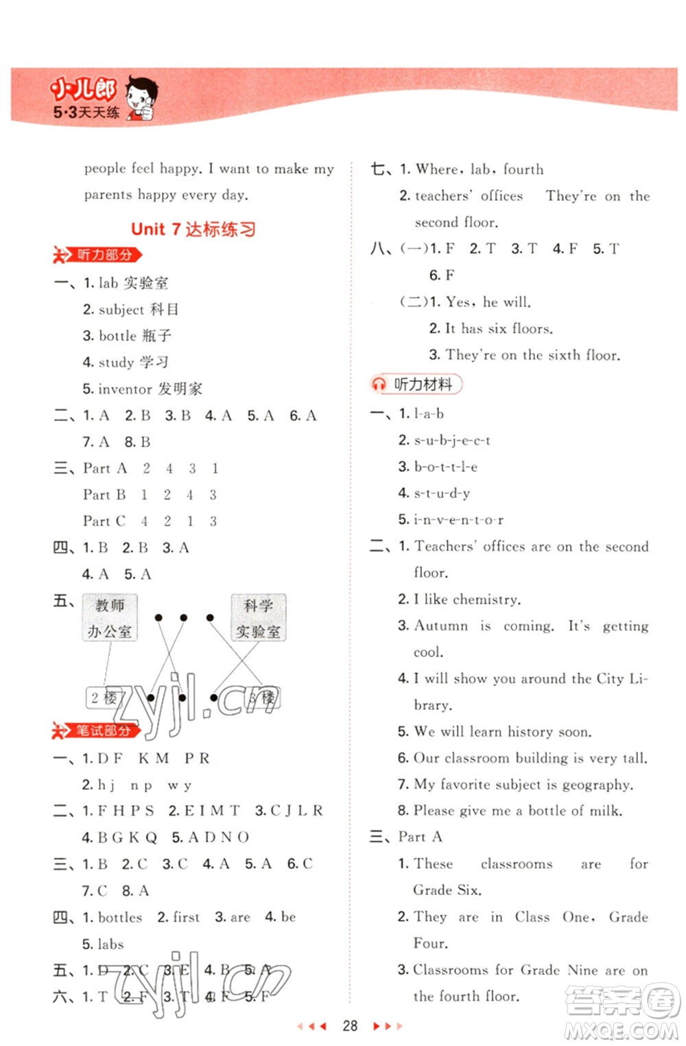 首都師范大學出版社2023春季53天天練六年級英語下冊閩教版參考答案