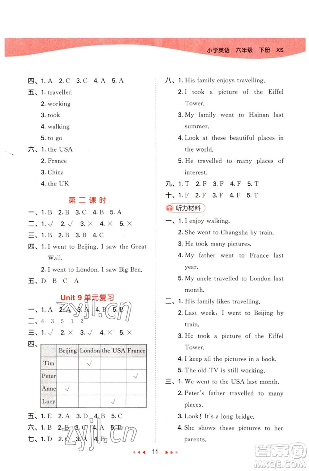 地質(zhì)出版社2023春季53天天練六年級(jí)英語(yǔ)下冊(cè)湘少版參考答案