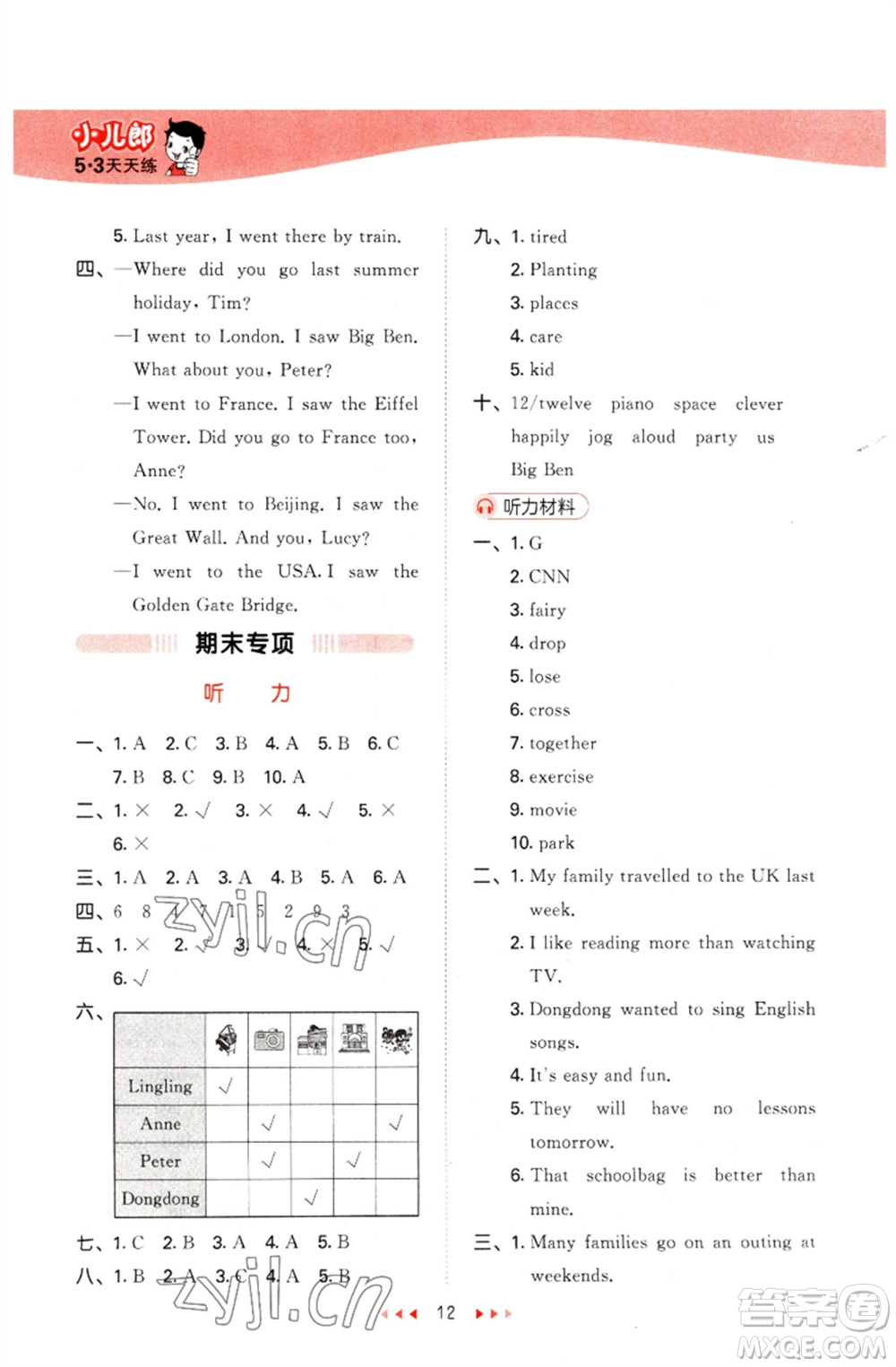 地質(zhì)出版社2023春季53天天練六年級(jí)英語(yǔ)下冊(cè)湘少版參考答案