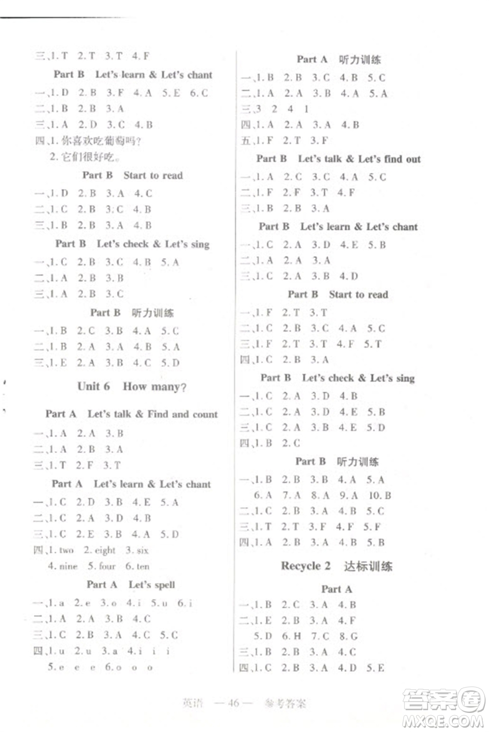 二十一世紀(jì)出版社2023新課程新練習(xí)三年級(jí)英語(yǔ)下冊(cè)人教PEP版參考答案