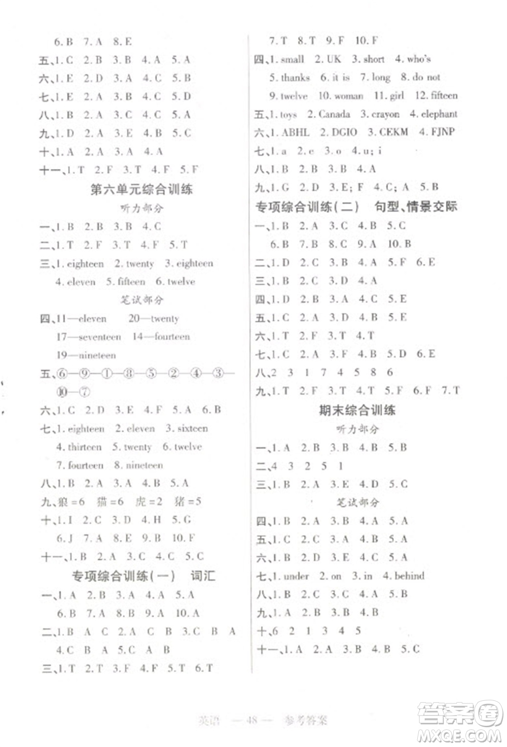 二十一世紀(jì)出版社2023新課程新練習(xí)三年級(jí)英語(yǔ)下冊(cè)人教PEP版參考答案
