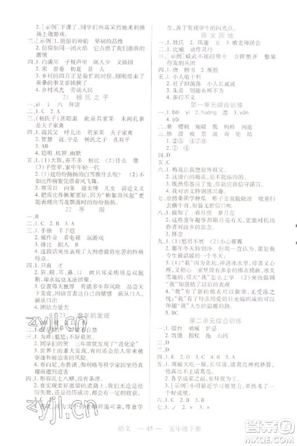 二十一世紀出版社2023新課程新練習(xí)五年級語文下冊統(tǒng)編版參考答案