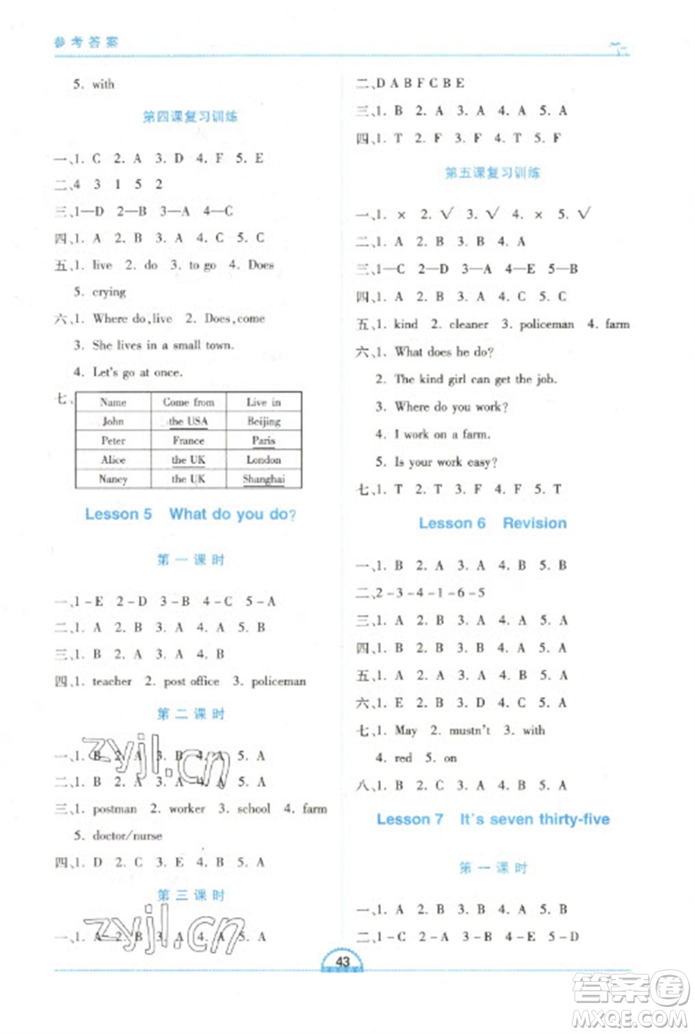二十一世紀(jì)出版社2023新課程新練習(xí)五年級英語下冊科普版參考答案