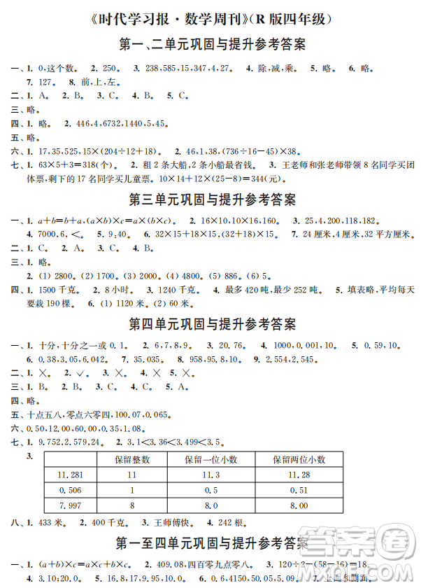 時代學(xué)習(xí)報數(shù)學(xué)周刊2022-2023學(xué)年度四年級下冊人教版配套試卷參考答案