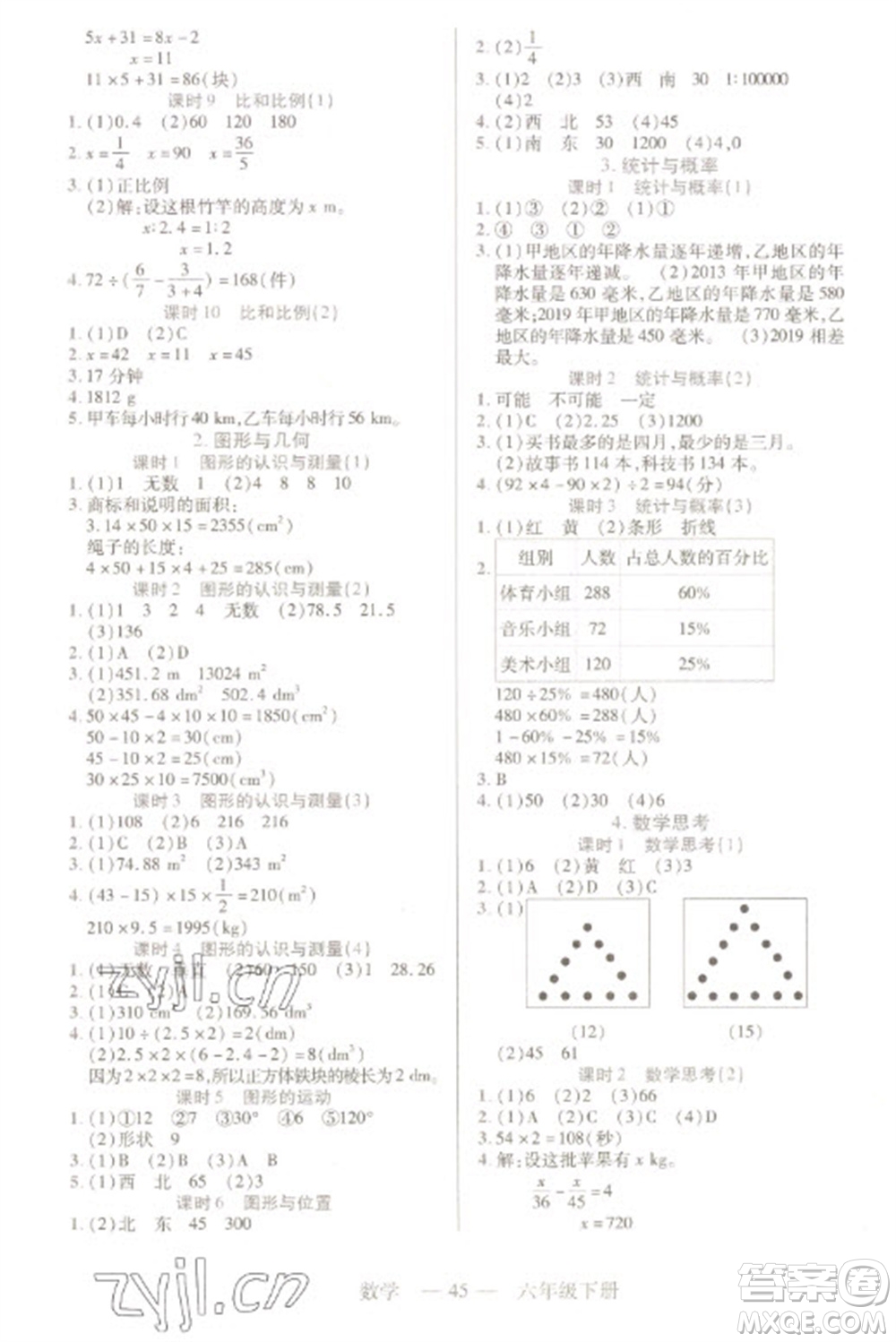 二十一世紀出版社2023新課程新練習(xí)六年級數(shù)學(xué)下冊人教版參考答案