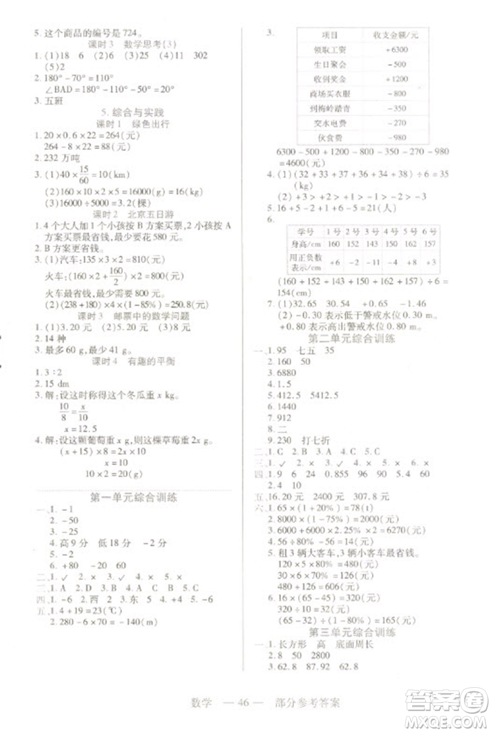 二十一世紀出版社2023新課程新練習(xí)六年級數(shù)學(xué)下冊人教版參考答案