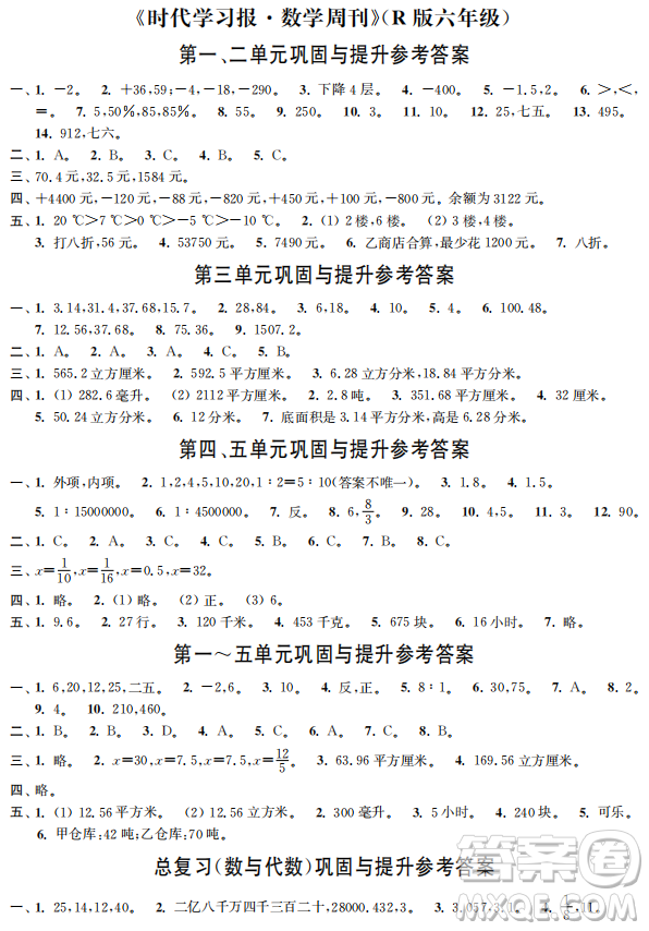 時(shí)代學(xué)習(xí)報(bào)數(shù)學(xué)周刊2022-2023學(xué)年度六年級(jí)下冊(cè)人教版配套試卷答案