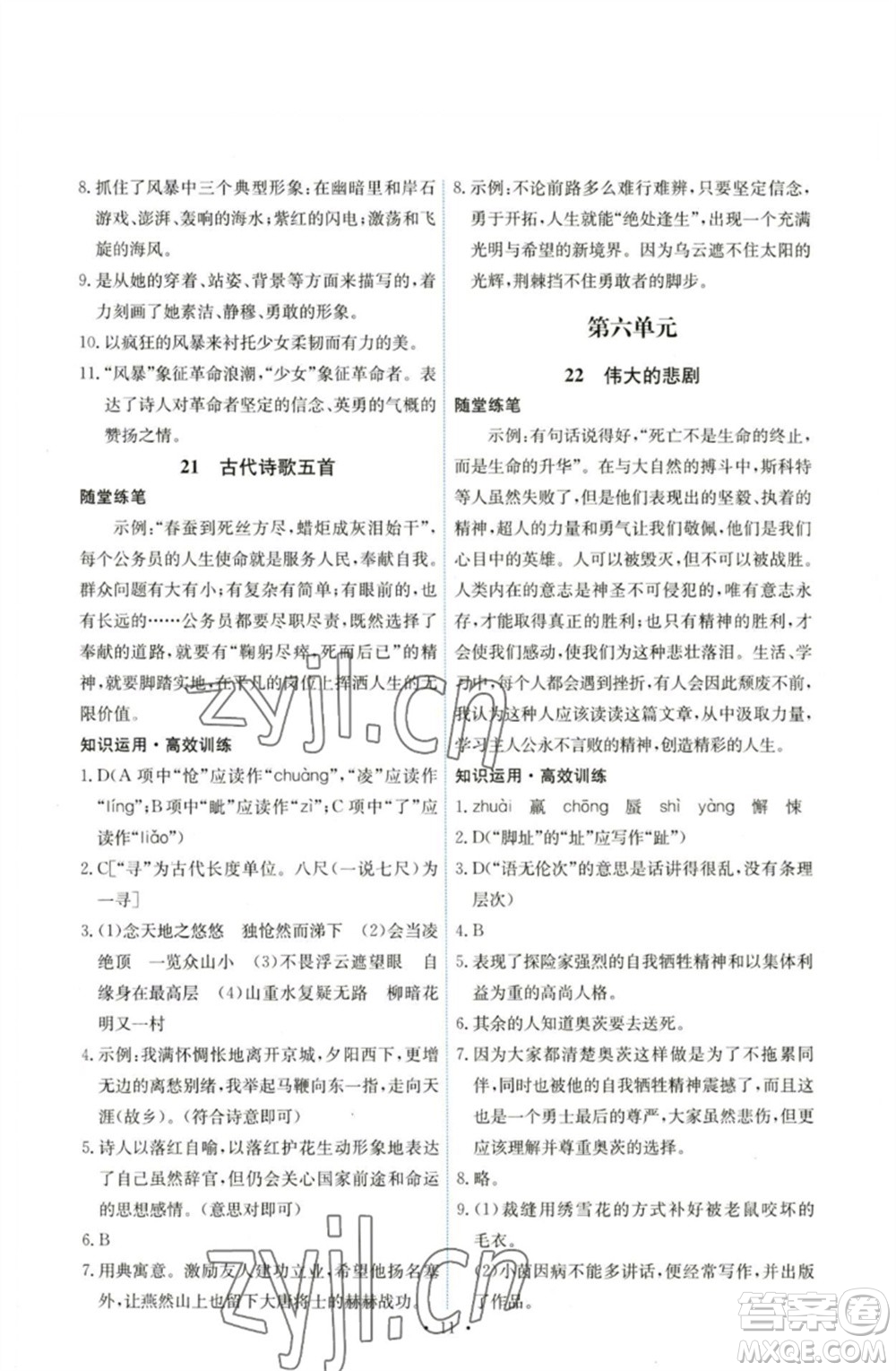 人民教育出版社2023能力培養(yǎng)與測(cè)試七年級(jí)語(yǔ)文下冊(cè)人教版湖南專版參考答案