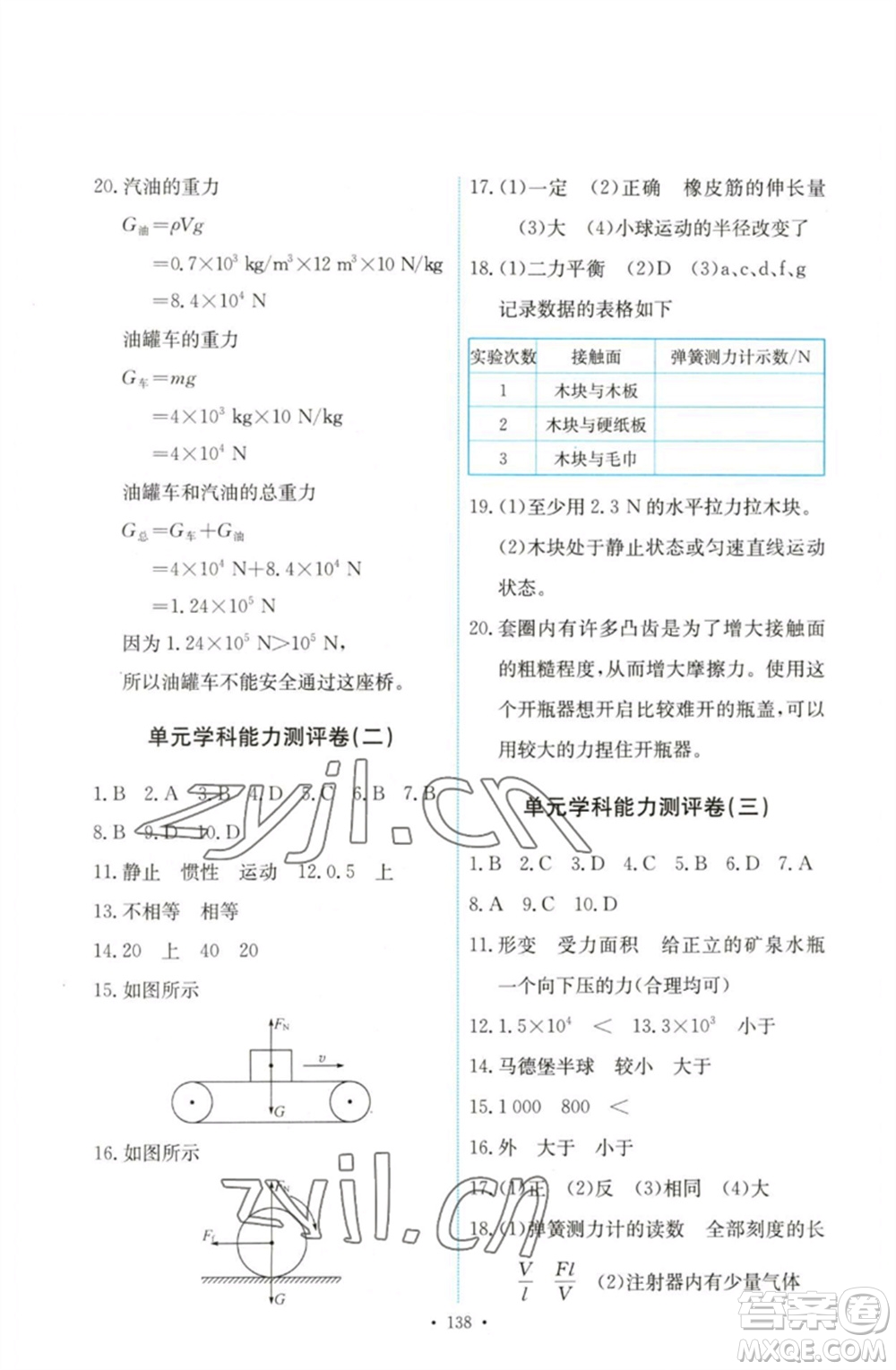 人民教育出版社2023能力培養(yǎng)與測(cè)試八年級(jí)物理下冊(cè)人教版參考答案