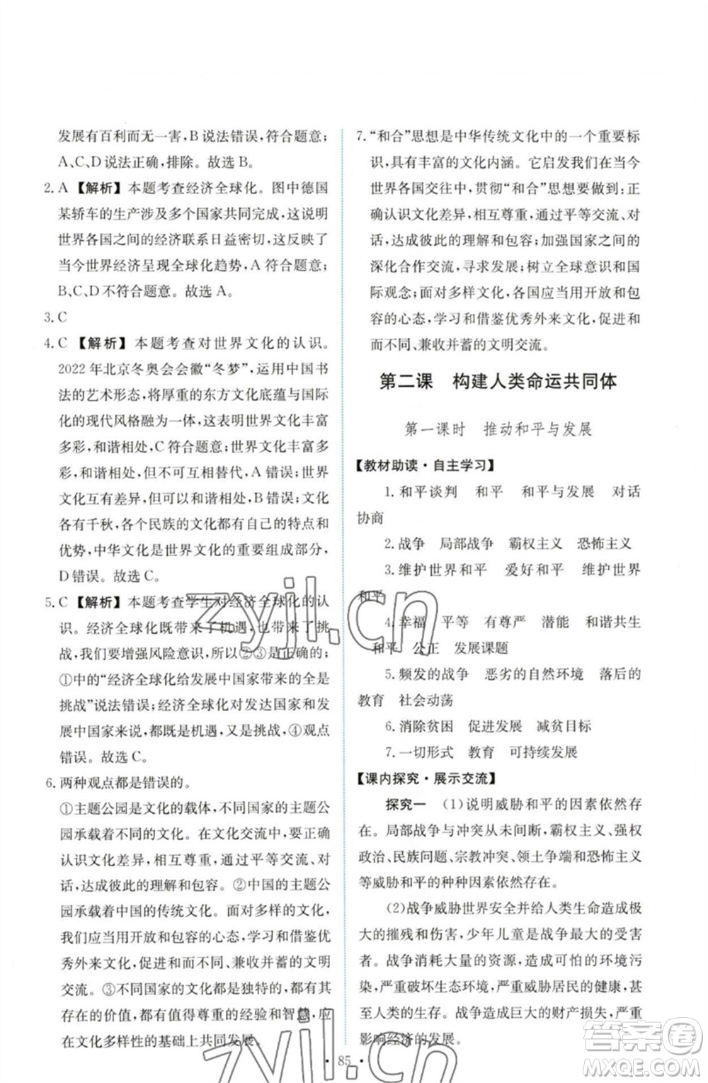 人民教育出版社2023能力培養(yǎng)與測試九年級道德與法治下冊人教版參考答案